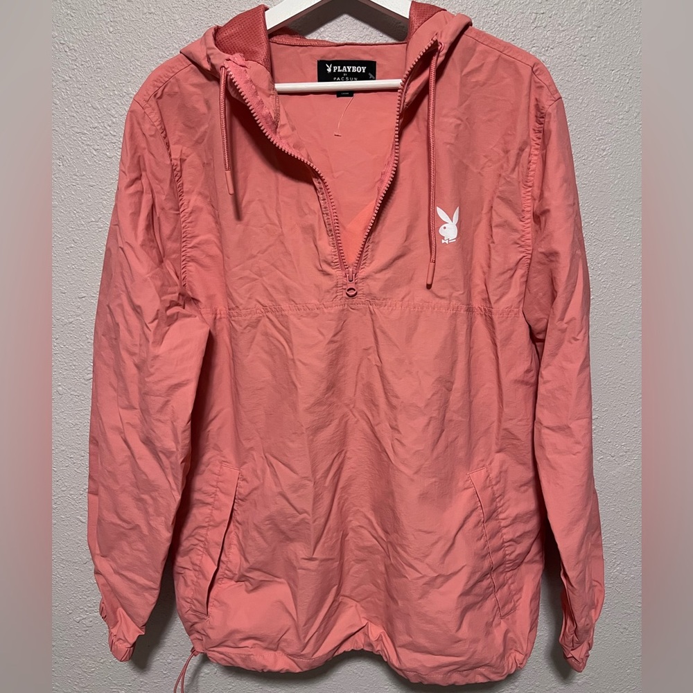 Playboy By Pacsun Windbreaker Jacket Size S Coral Pink Bunny Logo 1/4 Zip